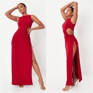 Red Racer Neck Cut Out Slinky Maxi Dress